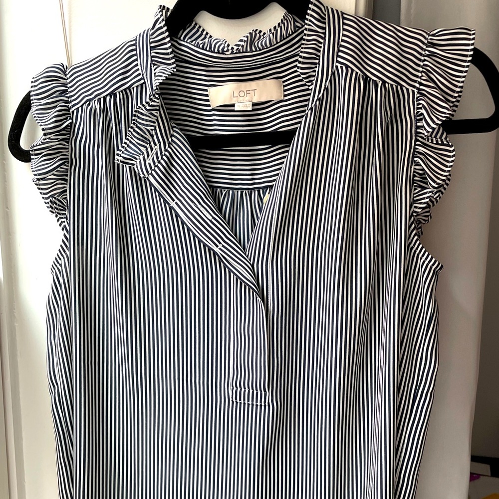 LOFT Black and White Striped Ruffle Sleeve Blouse